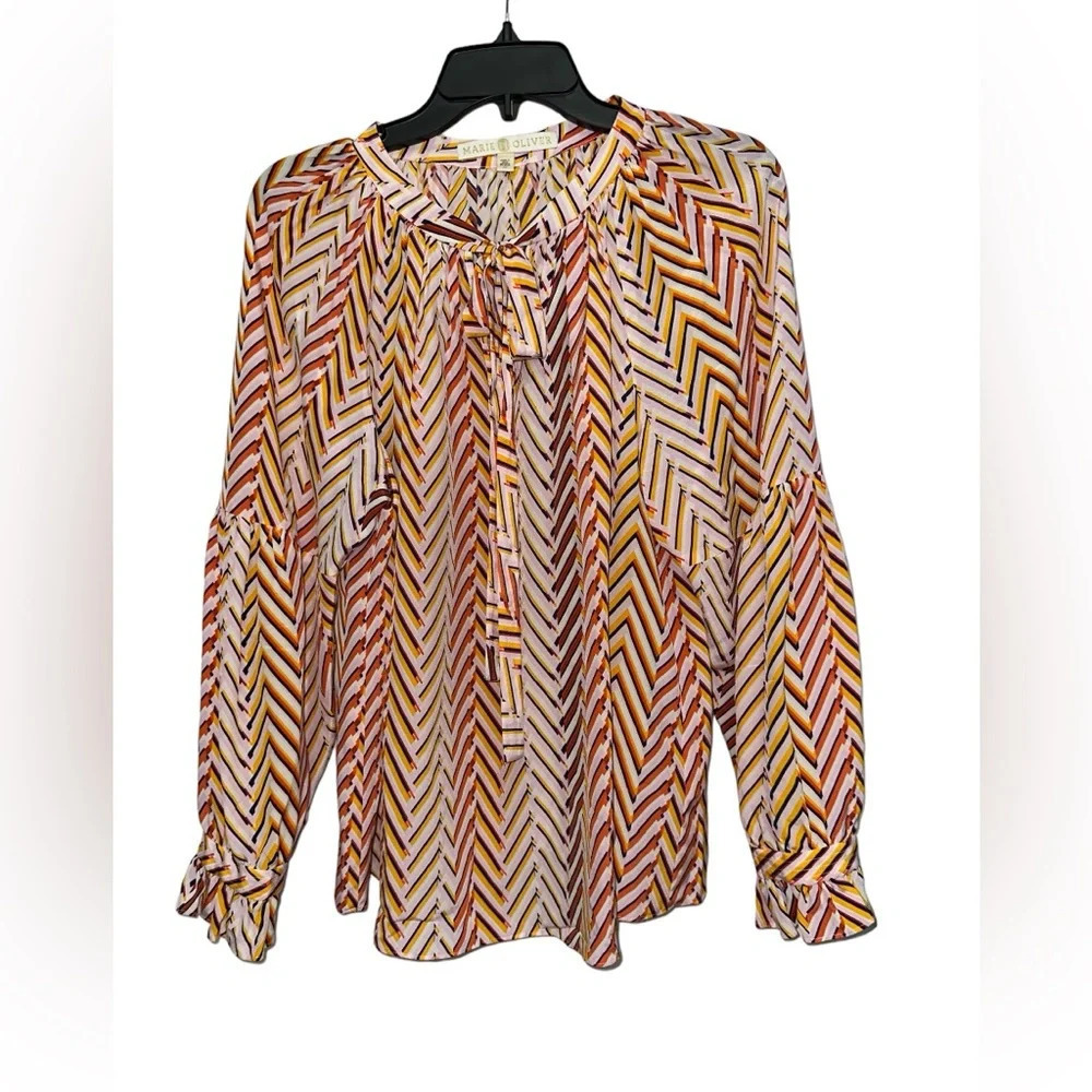 Marie Oliver Cerci Blouse Size Medium Silk Long Sleeve Tie Neck Relaxed Fit